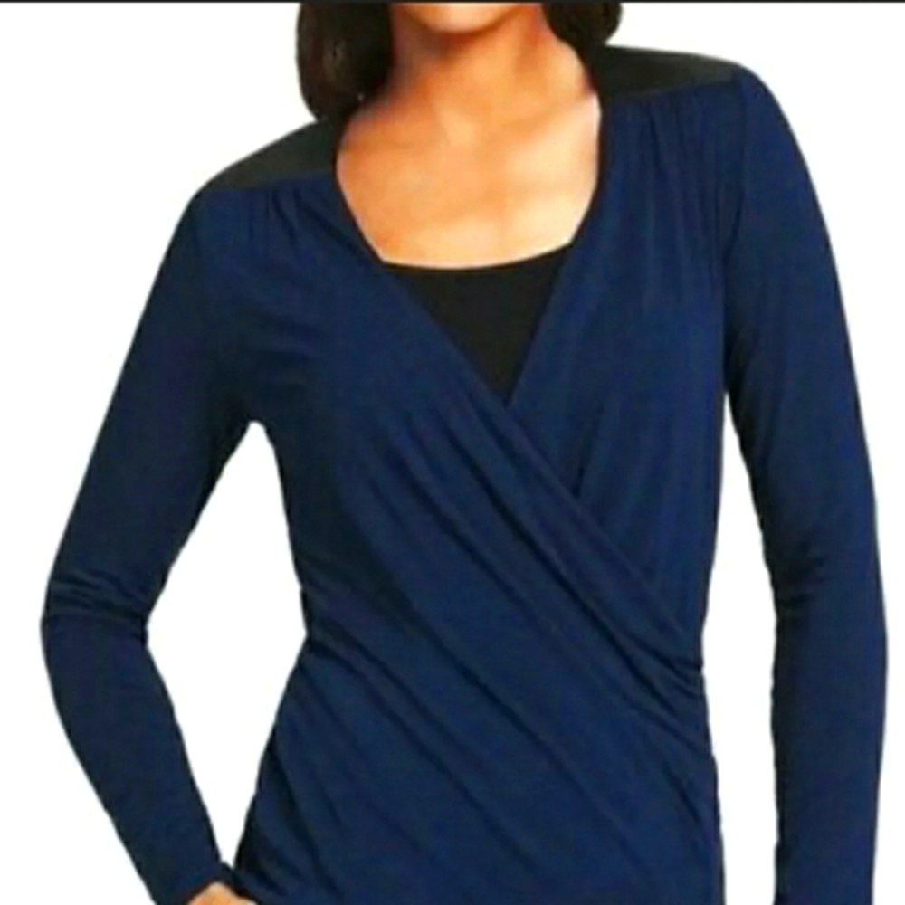 CAbi Midnight Paris Blue, Fax Leather Shoulders, Wrap Long Sleeve Blouse Size M